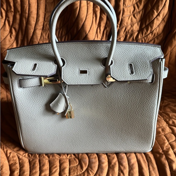 Tan Genuine Leather, Birkin-Inspired Tote with Gold Lock - Picture 3 of 12